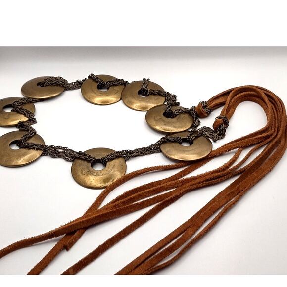 Vintage 60s hippie boho belt with gold tone concho disc medallions tassels - Picture 5 of 11